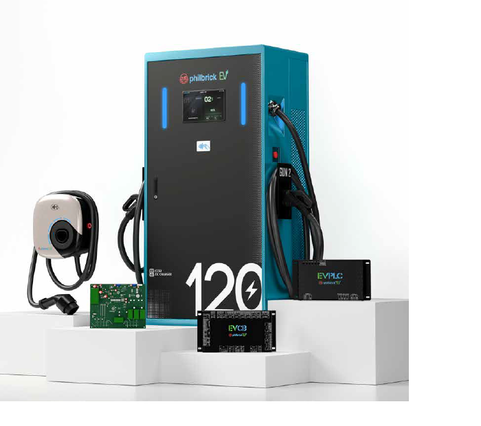 PhilbrickEV AC charger, 120 kW DC charger, AC controller board, EVPLC module and EVCB controller